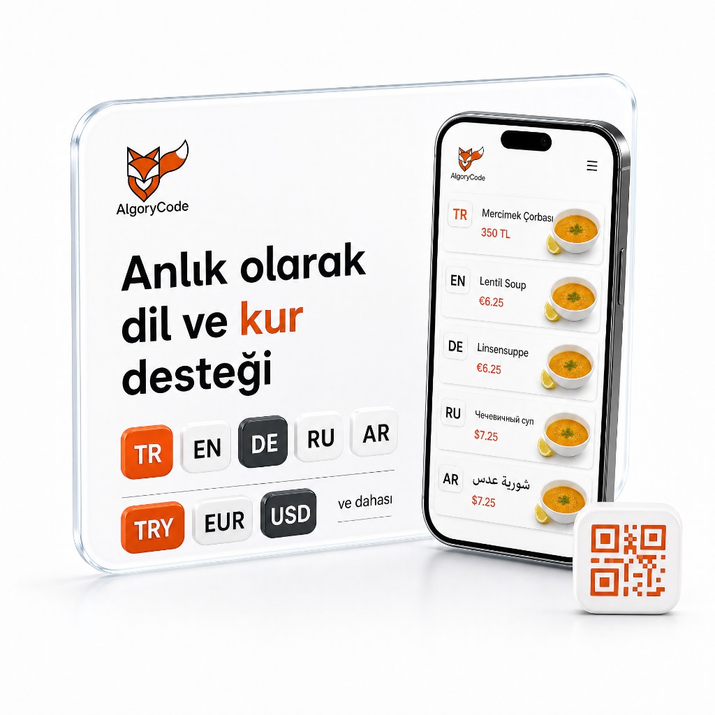 AlgoryQR anlık dil ve kur desteği — çok dilli dijital menü ve QR kod
