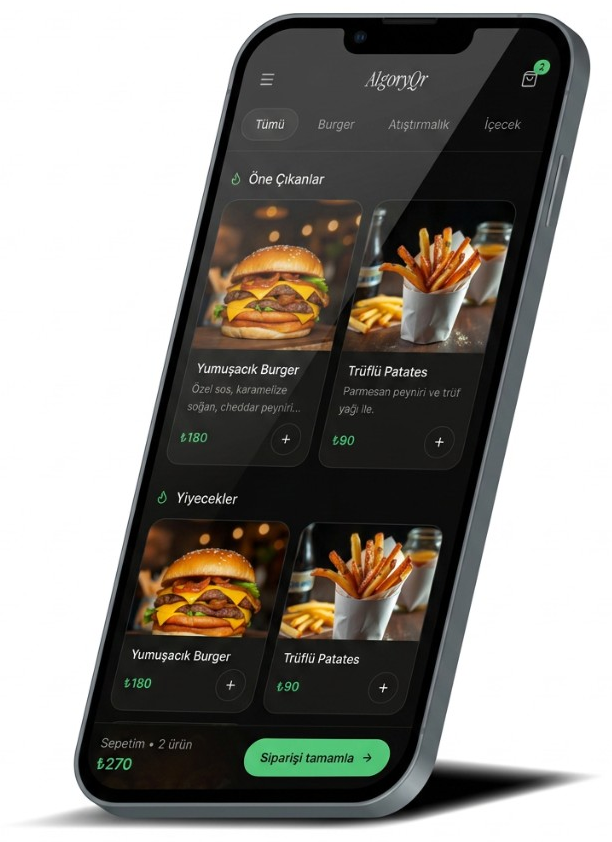 AlgoryQR dijital menü — mobil uygulama mockup